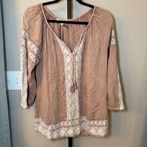Solitaire NWT Embroidered Long Sleeve Blouse‎ Boho Tassel Tan Cream Size Large